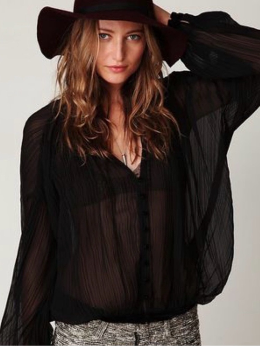 Free People Sheer Black Button-Up Blouse
